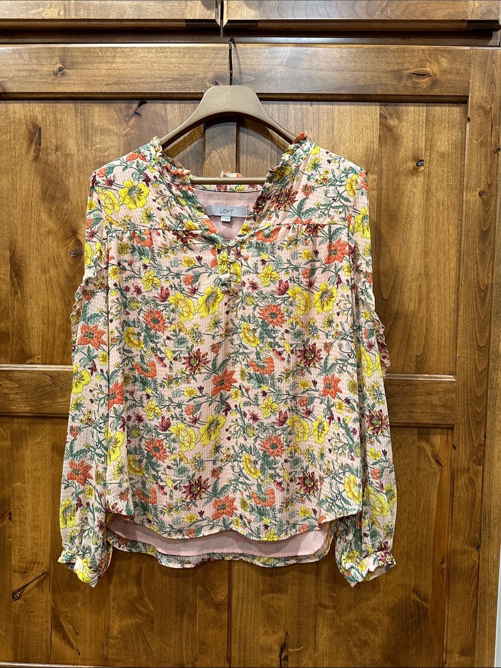 LOFT Pink Floral Button-Front Ruffle Neck Blouse